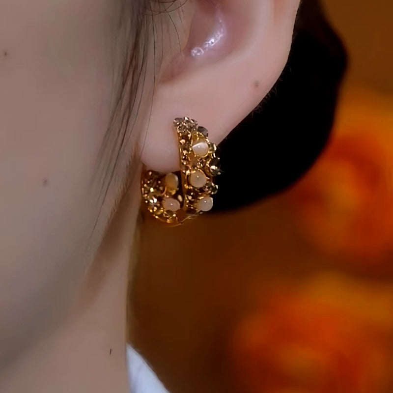 14K Gold-Plated Cat's Eye Stone Full Diamond Hoop Earrings