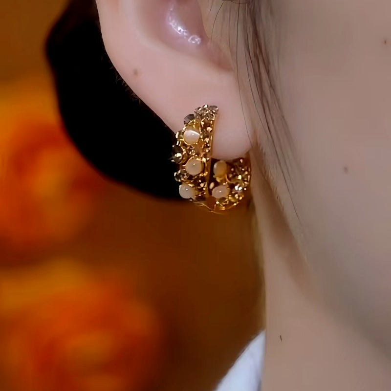 14K Gold-Plated Cat's Eye Stone Full Diamond Hoop Earrings