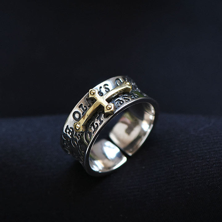 Adjustable Two-Tone Cross Ring with Onyx