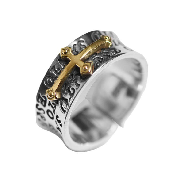 Adjustable Two-Tone Cross Ring with Onyx