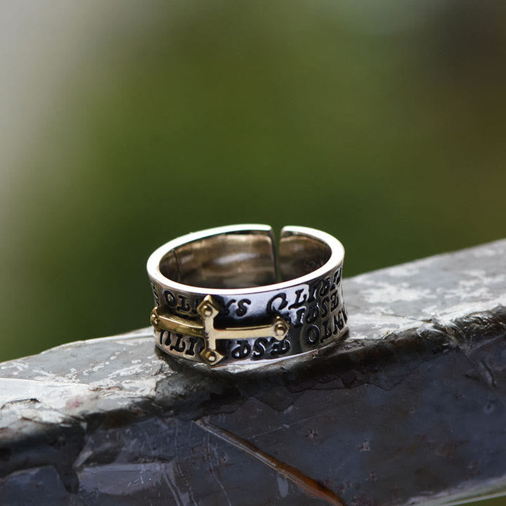 Adjustable Two-Tone Cross Ring with Onyx