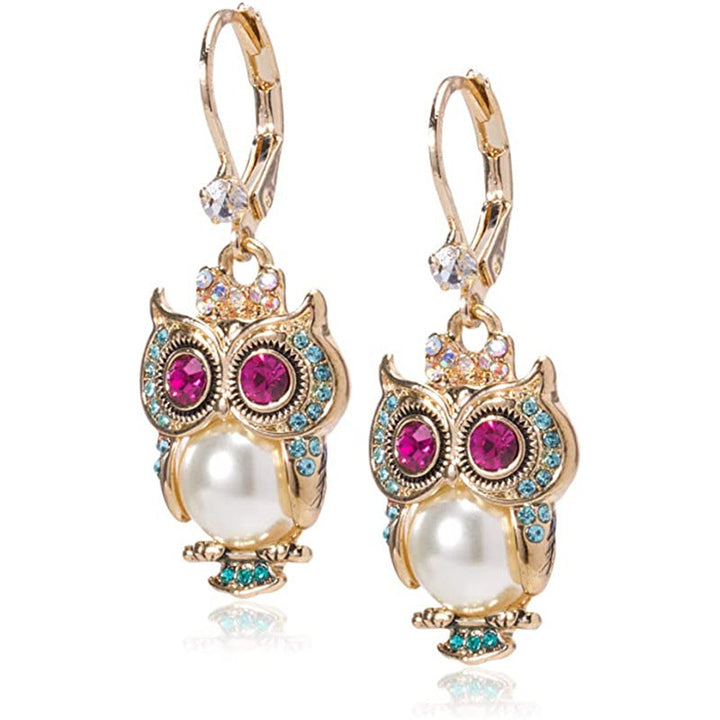 Vintage Owl Crystal Earrings â€“ Gold-Plated, Hand-Set Crystals & Pearl Detail