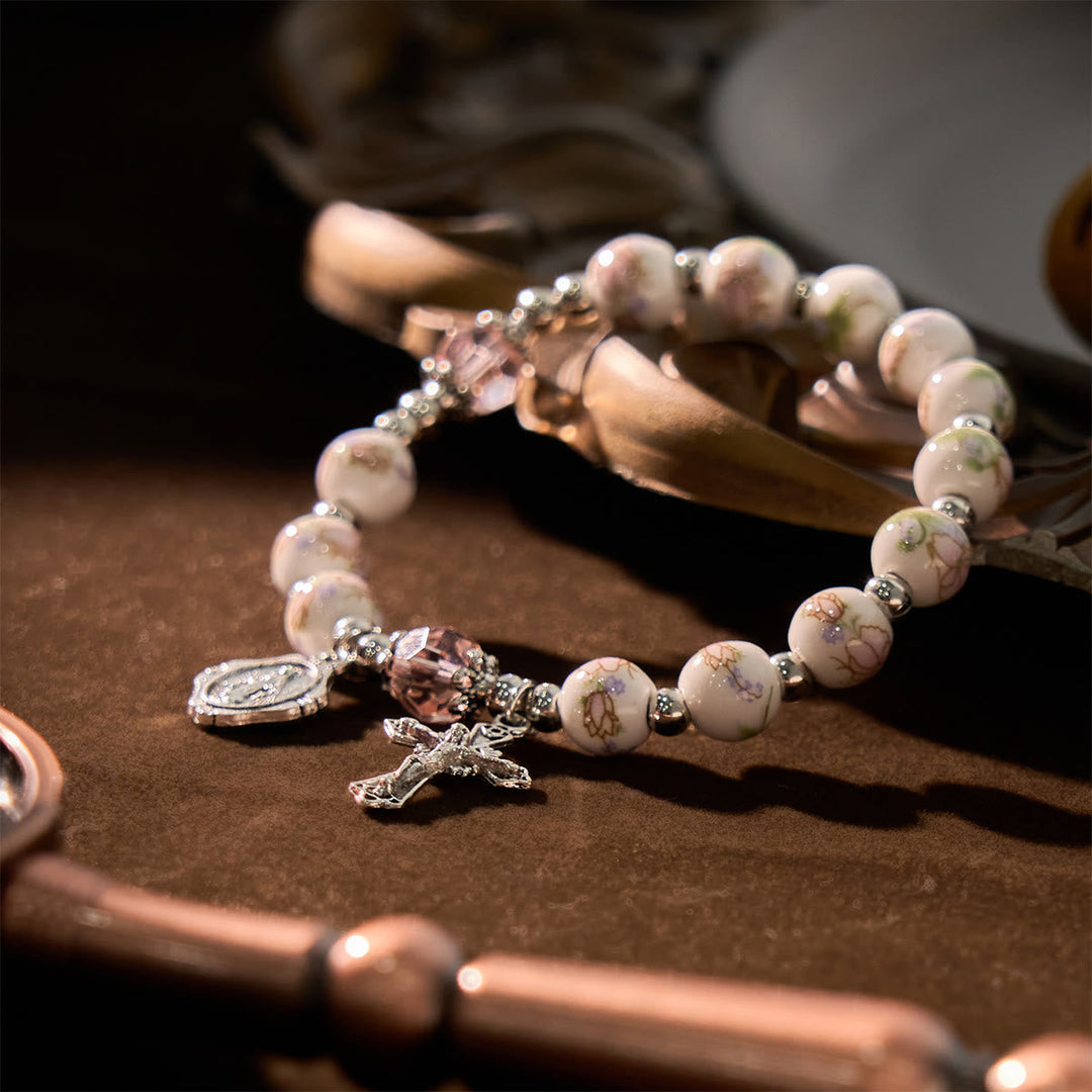 Christianartworkshop Multi-color Floral Ceramic Stretch Bracelet with Miraculous Medal & Crucifix: Subtle Faith Elegance