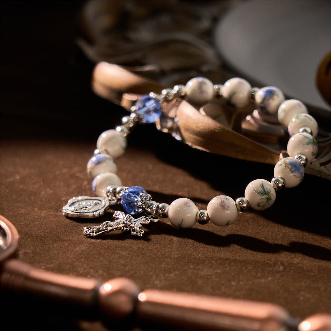 Christianartworkshop Multi-color Floral Ceramic Stretch Bracelet with Miraculous Medal & Crucifix: Subtle Faith Elegance