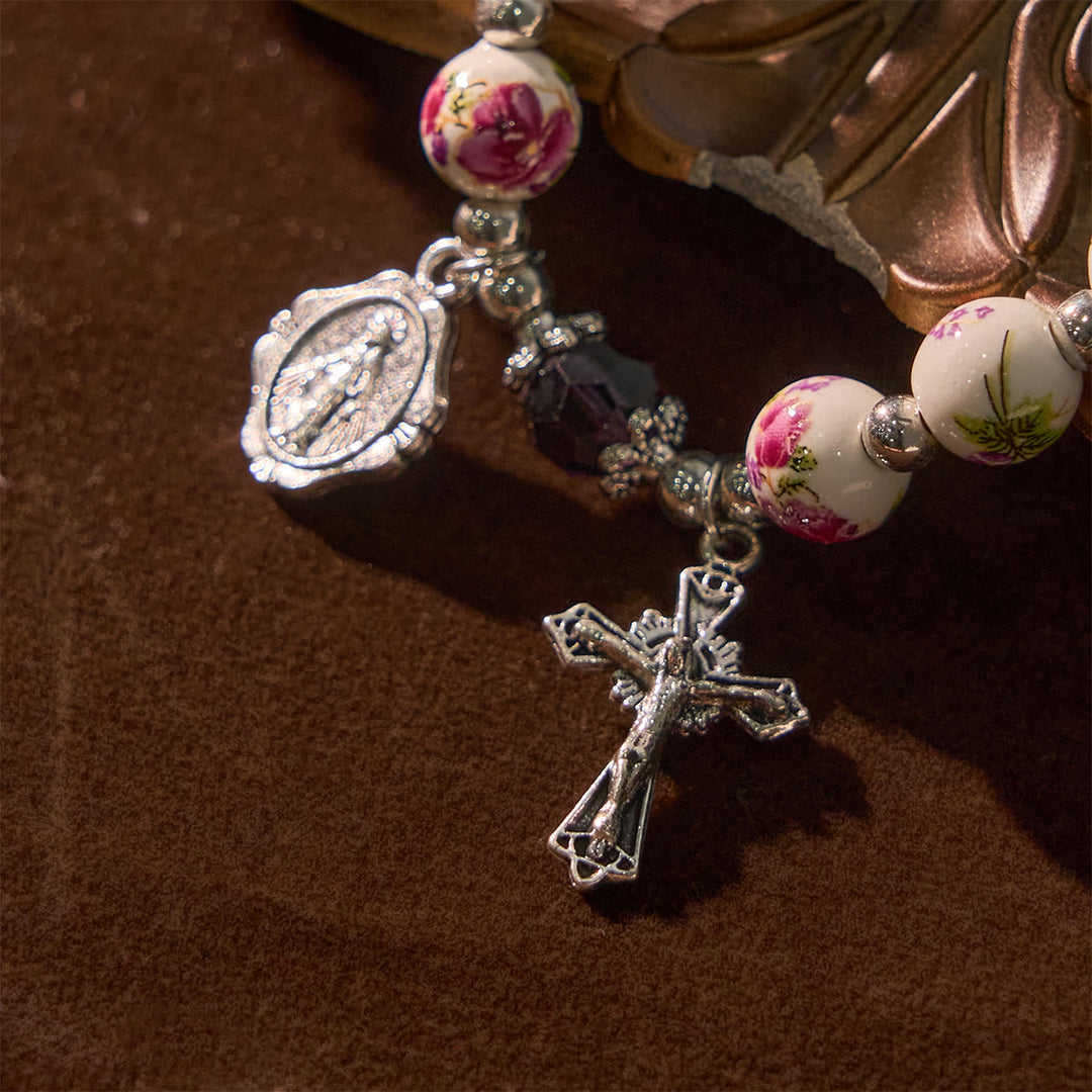 Christianartworkshop Multi-color Floral Ceramic Stretch Bracelet with Miraculous Medal & Crucifix: Subtle Faith Elegance