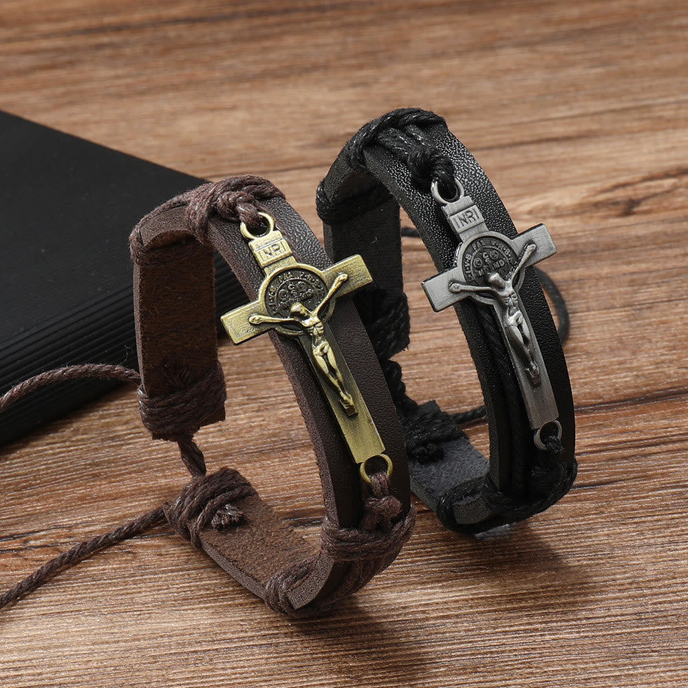 Christianartworkshop Classic Style Brown or Black Leather Adjustable Bracelet with Crucifix