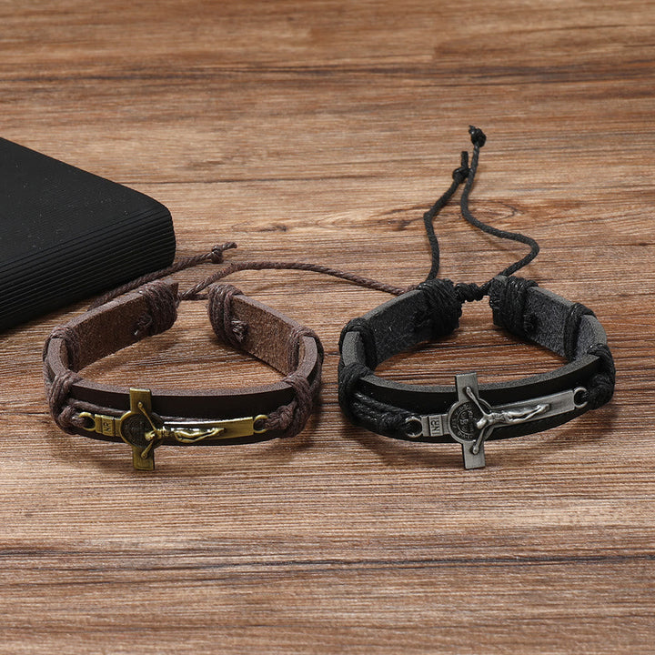 Christianartworkshop Classic Style Brown or Black Leather Adjustable Bracelet with Crucifix