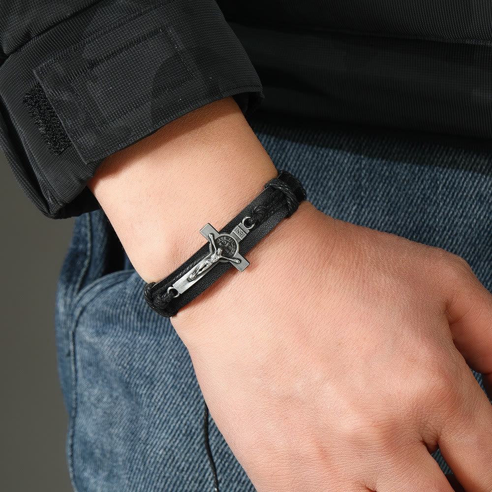 Christianartworkshop Classic Style Brown or Black Leather Adjustable Bracelet with Crucifix