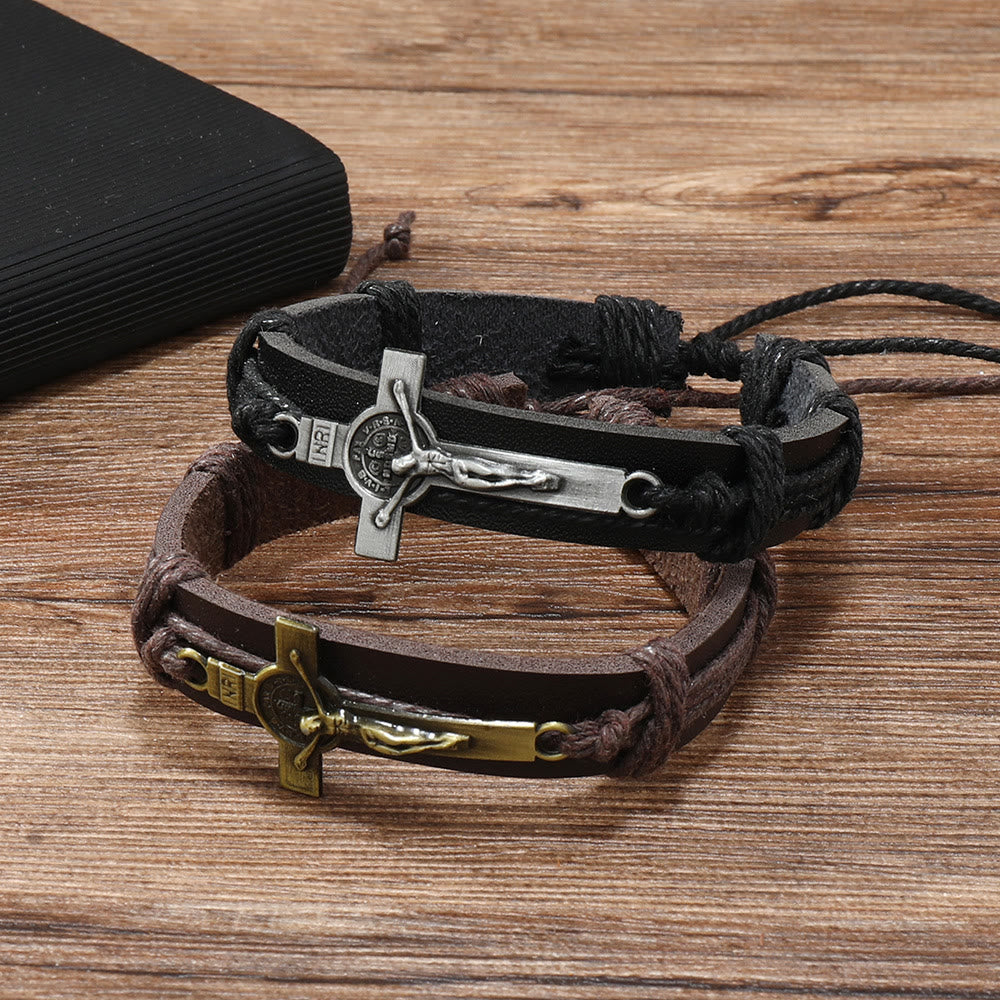 Christianartworkshop Classic Style Brown or Black Leather Adjustable Bracelet with Crucifix