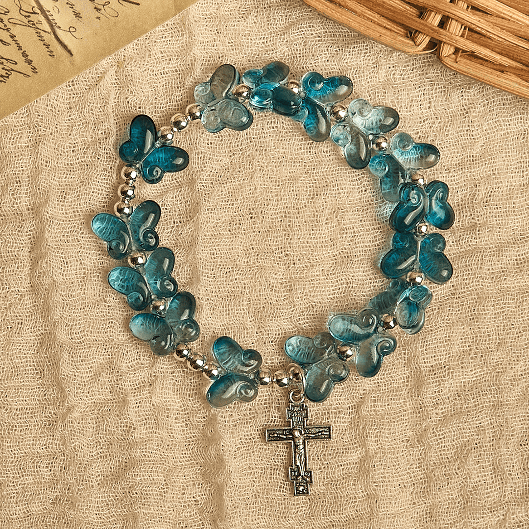 Christianartworkshop Wings of Devotion Shimmering Blue Butterfly Prayer Animal Bracelet