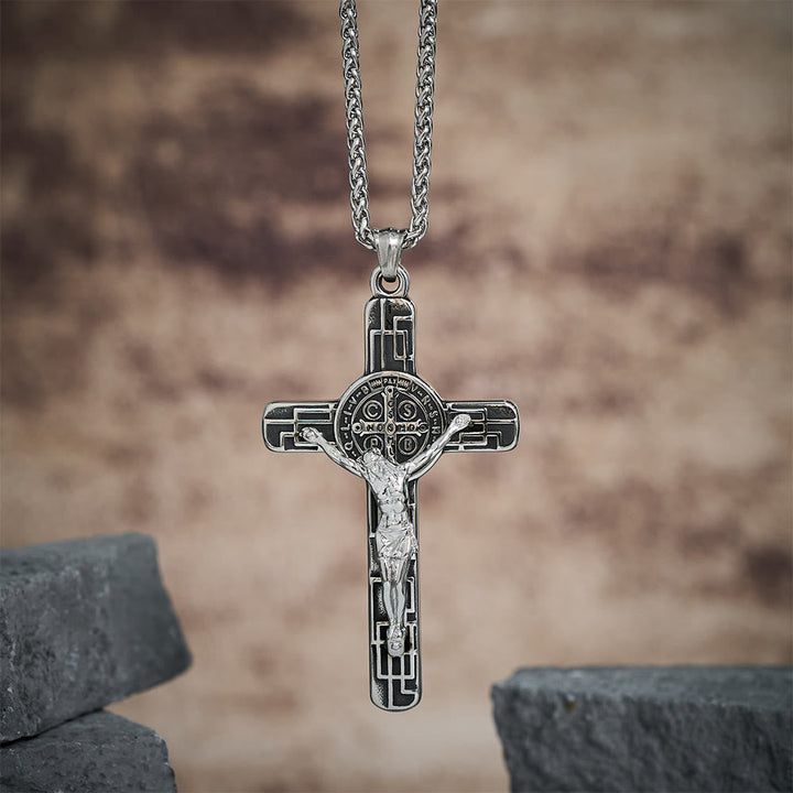 Christianartworkshop Classic Retro Style Crucifix St. Benedict Medal Protection Pendant Necklace