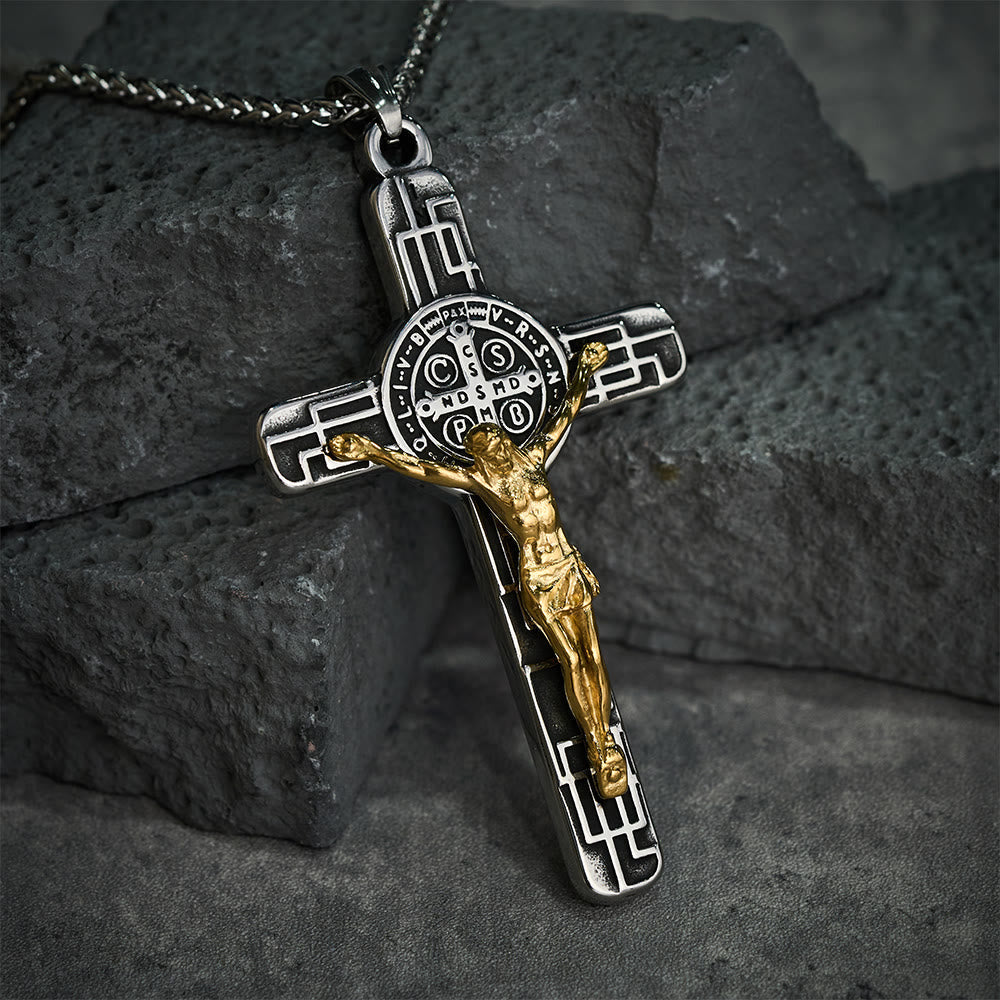 Christianartworkshop Classic Retro Style Crucifix St. Benedict Medal Protection Pendant Necklace