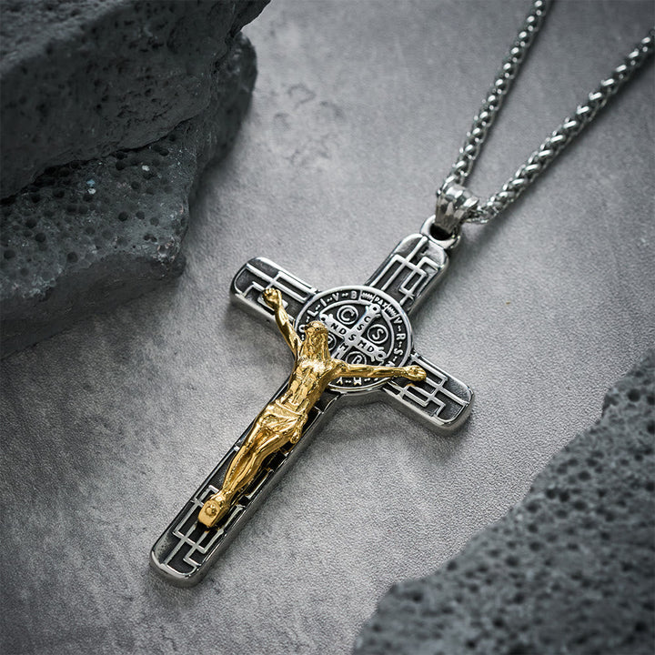 Christianartworkshop Classic Retro Style Crucifix St. Benedict Medal Protection Pendant Necklace