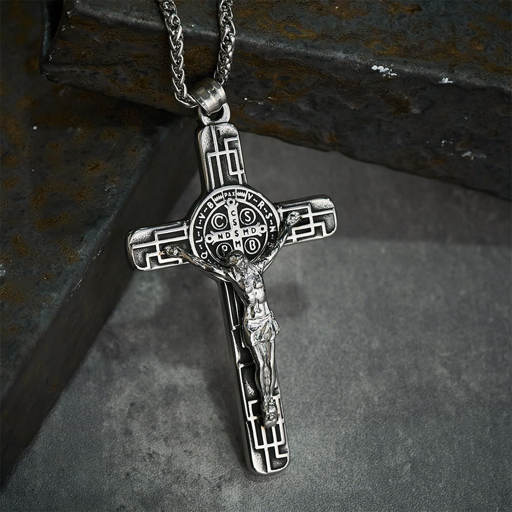 Christianartworkshop Classic Retro Style Crucifix St. Benedict Medal Protection Pendant Necklace