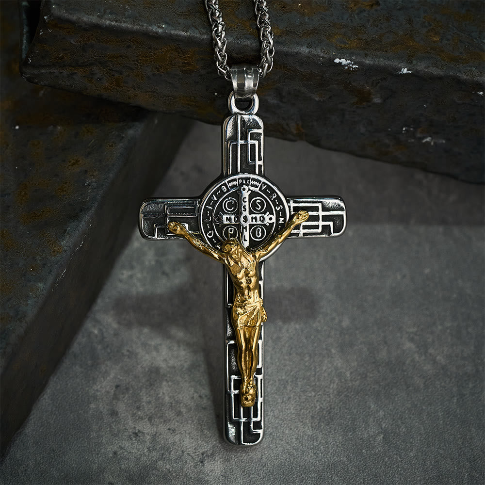 Christianartworkshop Classic Retro Style Crucifix St. Benedict Medal Protection Pendant Necklace