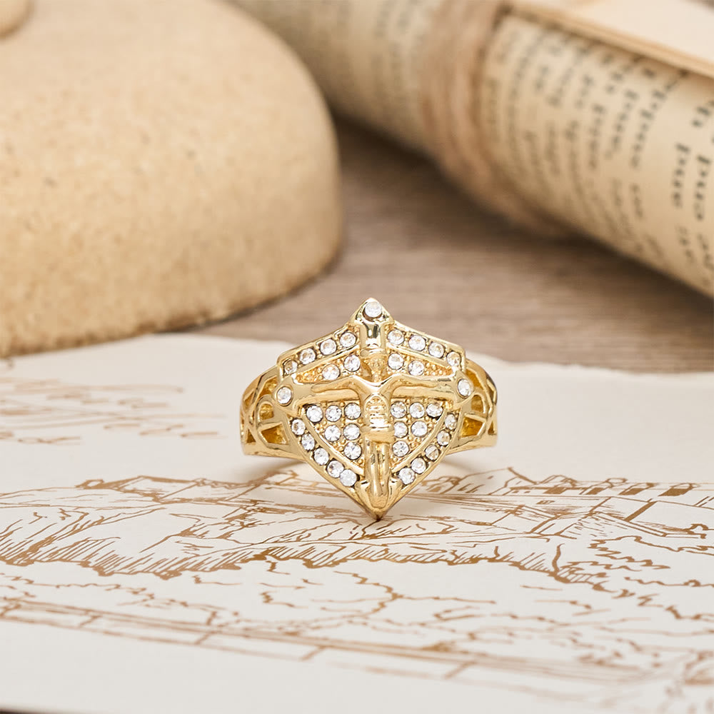 Christianartworkshop Shield-Shape Crucifix Signet Ring with Zircon Pavé: A Symbol of Faith and Divine Protection