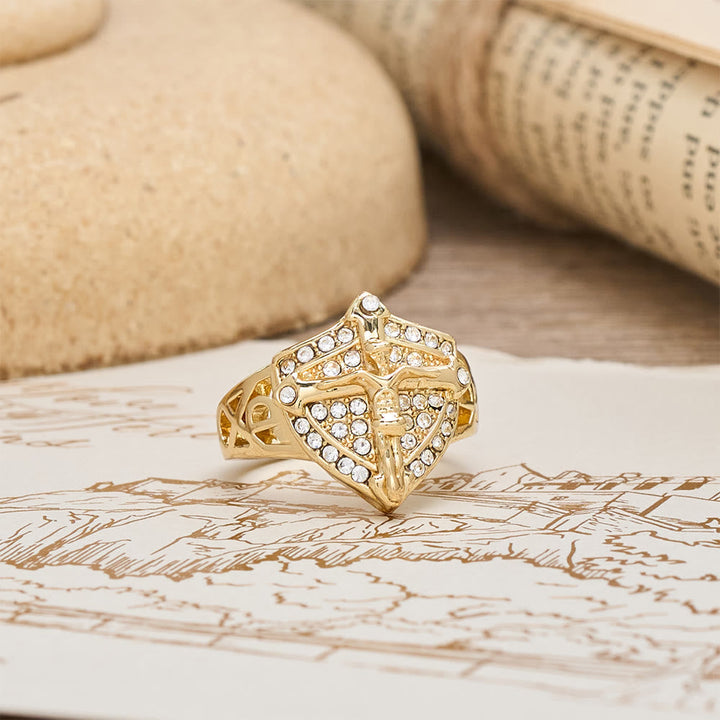 Christianartworkshop Shield-Shape Crucifix Signet Ring with Zircon Pavé: A Symbol of Faith and Divine Protection