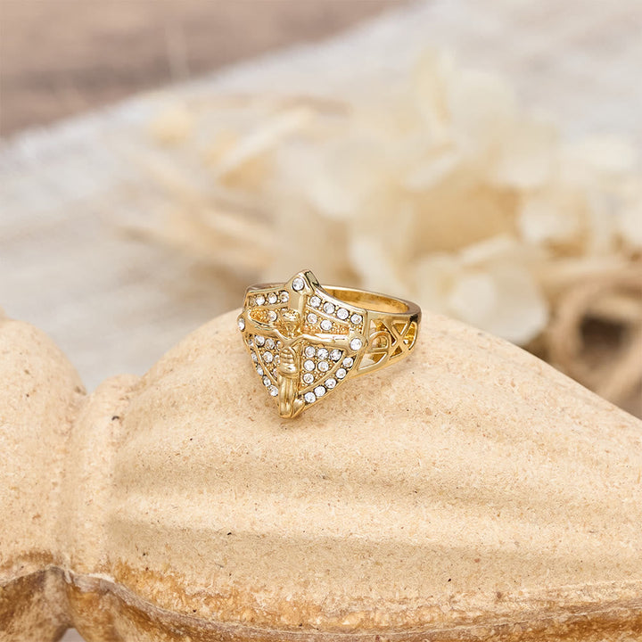 Christianartworkshop Shield-Shape Crucifix Signet Ring with Zircon Pavé: A Symbol of Faith and Divine Protection