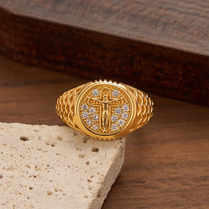 Christianartworkshop Oval Bezel Pave Zircon Crucifix Signet Ring with Lattice Hollow Band: A Symbol of Redemptive Sacred Grace