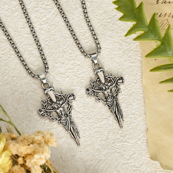 Christianartworkshop Embossed Thorn Crown Crucifix Box Chain Necklace: Emblem of Sacrifice and Redeeming Mercy