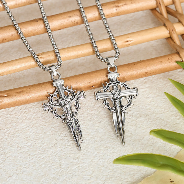 Christianartworkshop Embossed Thorn Crown Crucifix Box Chain Necklace: Emblem of Sacrifice and Redeeming Mercy