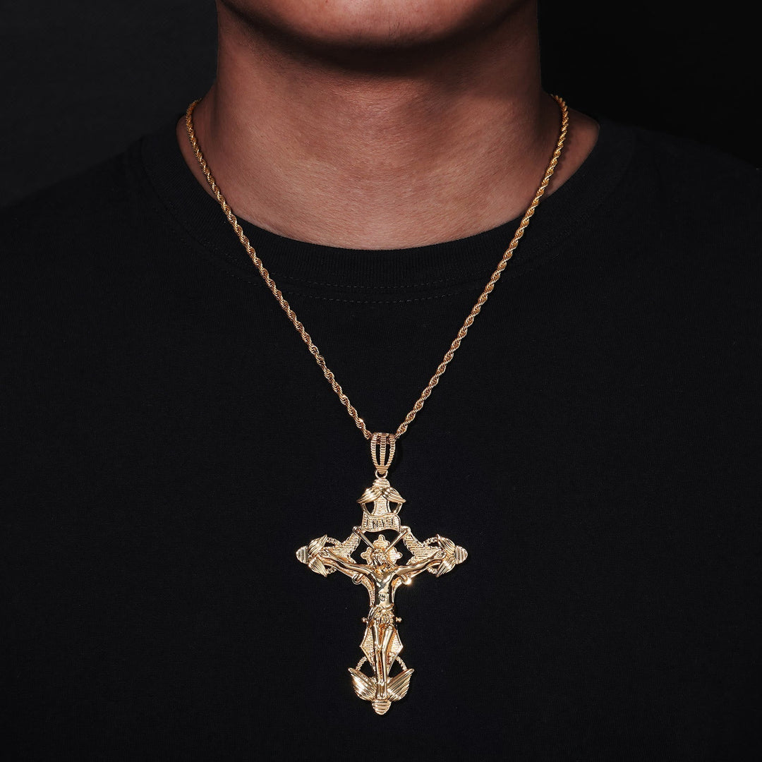 Christianartworkshop Detailed Carved Winged Crucifix Rope Chain Necklace: Graceful Token of Gentle Heavenly Mercy