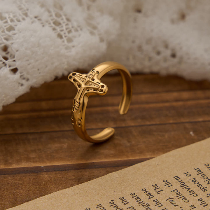 Christianartworkshop Hollow Outline Crucifix Adjustable Open Ring: Personalized Emblem of Steadfast Heavenly Faith