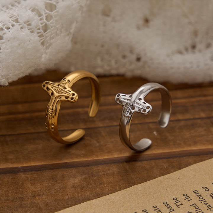 Christianartworkshop Hollow Outline Crucifix Adjustable Open Ring: Personalized Emblem of Steadfast Heavenly Faith