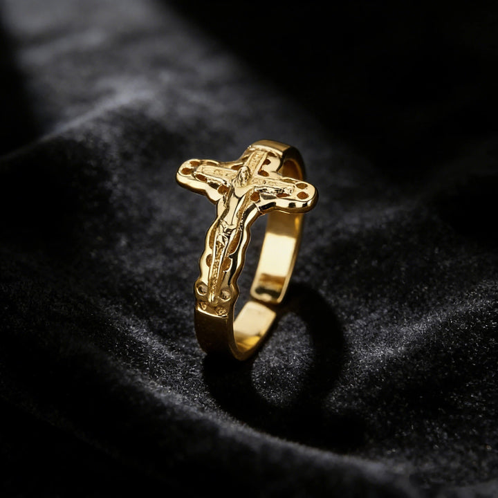Christianartworkshop Hollow Outline Crucifix Adjustable Open Ring: Personalized Emblem of Steadfast Heavenly Faith