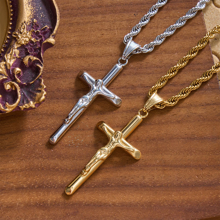 Christianartworkshop Relief Jesus Crucifix Pendant Twisted Rope Chain Necklace : Timeless Emblem of Gentle Heavenly Guardianship