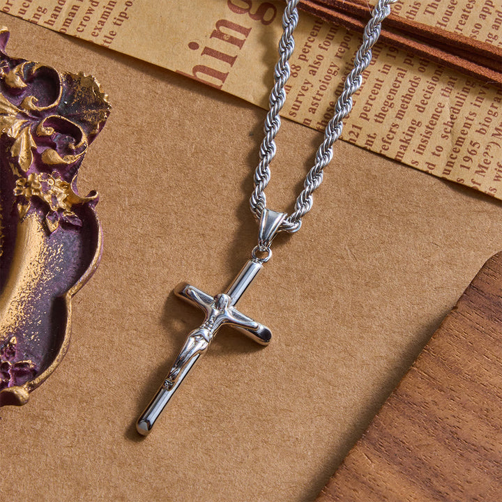 Christianartworkshop Relief Jesus Crucifix Pendant Twisted Rope Chain Necklace : Timeless Emblem of Gentle Heavenly Guardianship
