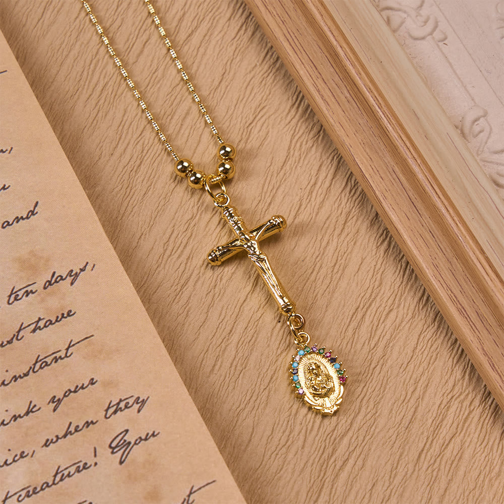 Christianartworkshop Carved Crucifix & Jeweled Holy Medallion Necklace: Emblem of Tender Heavenly Intercession