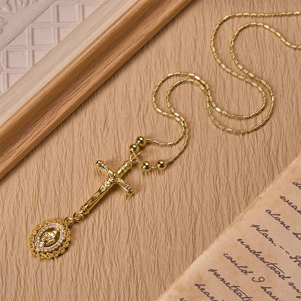 Christianartworkshop Carved Crucifix & Jeweled Holy Medallion Necklace: Emblem of Tender Heavenly Intercession