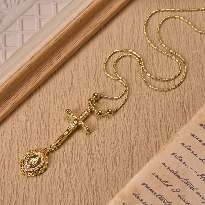 Christianartworkshop Carved Crucifix & Jeweled Holy Medallion Necklace: Emblem of Tender Heavenly Intercession