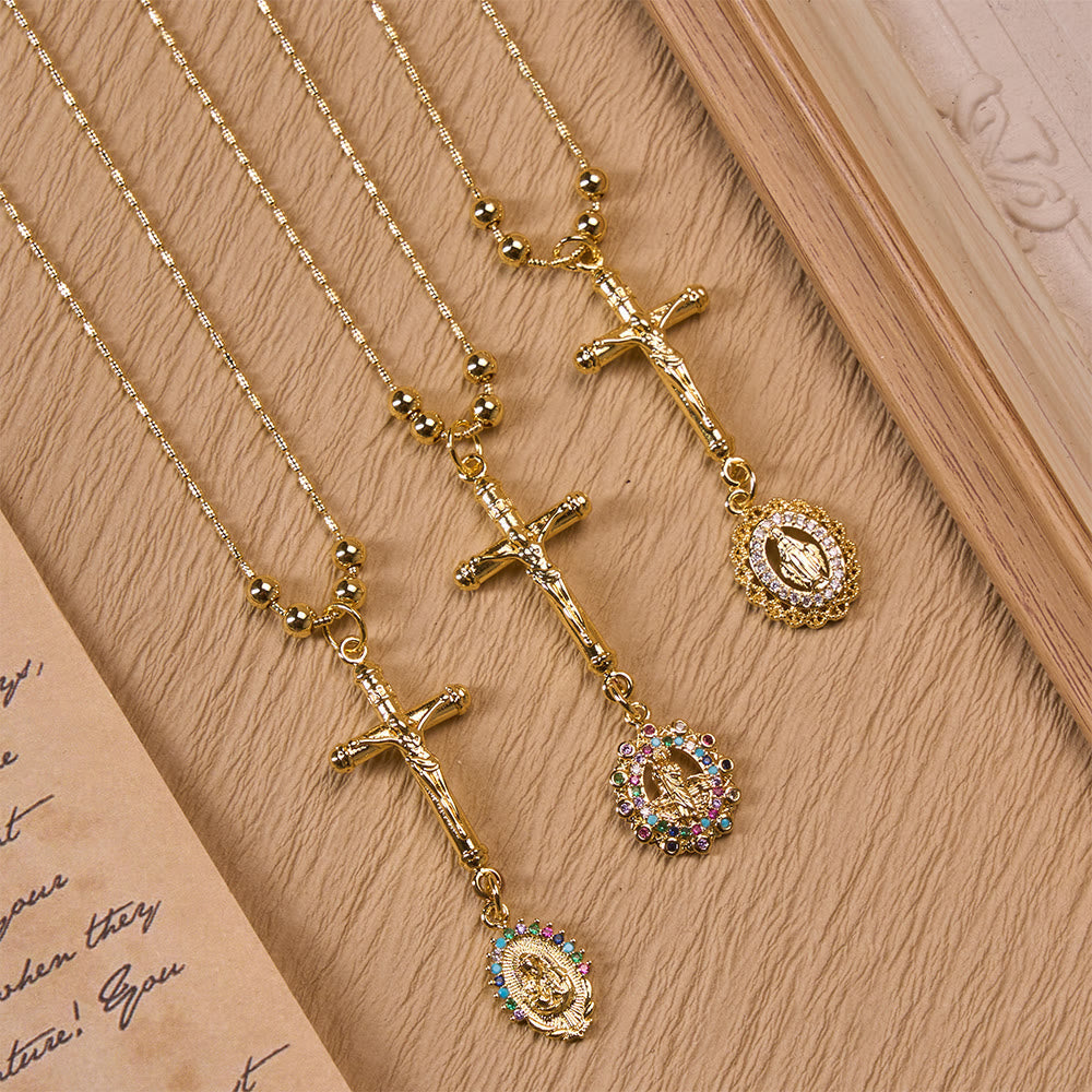 Christianartworkshop Carved Crucifix & Jeweled Holy Medallion Necklace: Emblem of Tender Heavenly Intercession