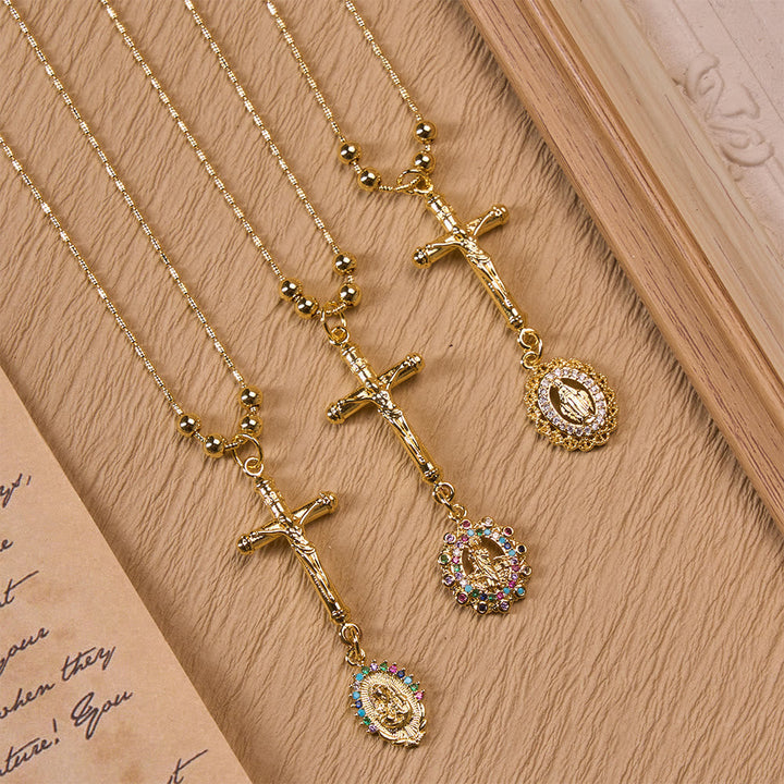 Christianartworkshop Carved Crucifix & Jeweled Holy Medallion Necklace: Emblem of Tender Heavenly Intercession