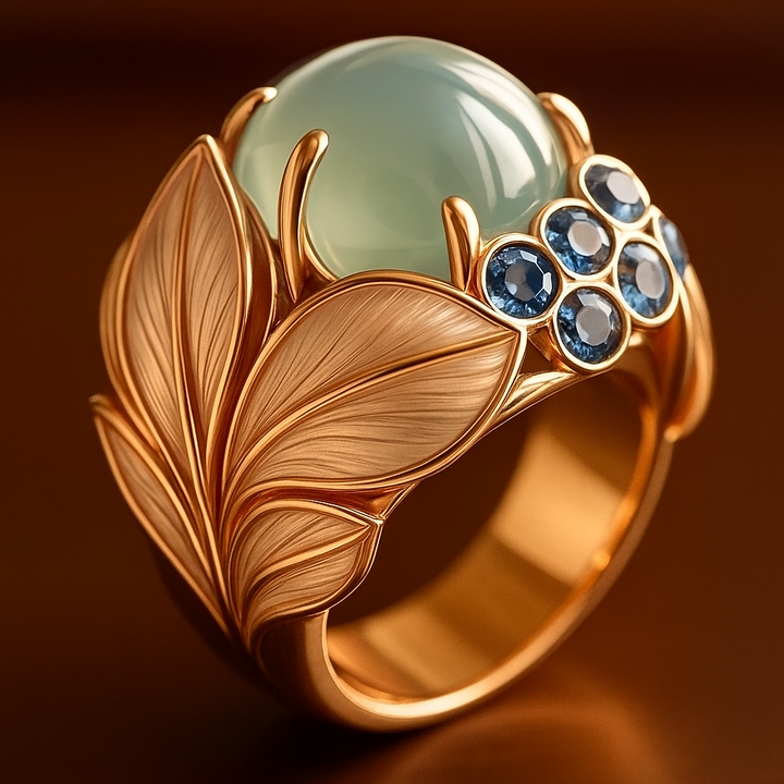 Greenish Stone Exotic Gold Leaf Ring