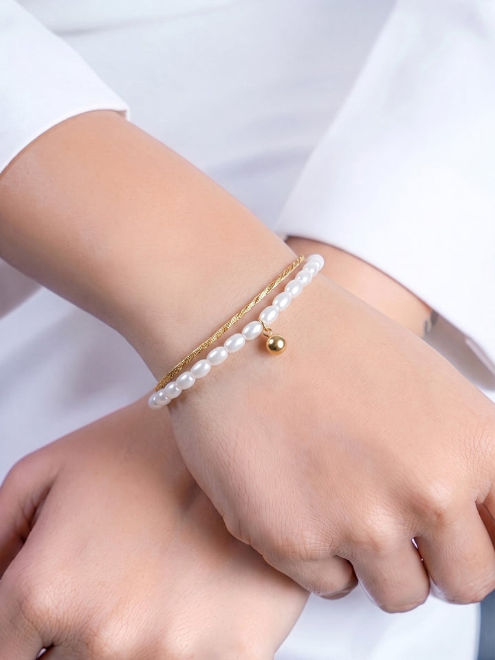 Beatrice Layered Pearl Charm 18K Gold Plated Bracelet