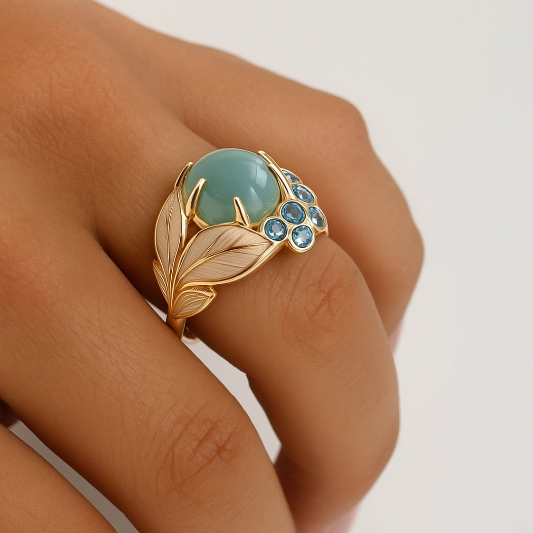 Greenish Stone Exotic Gold Leaf Ring