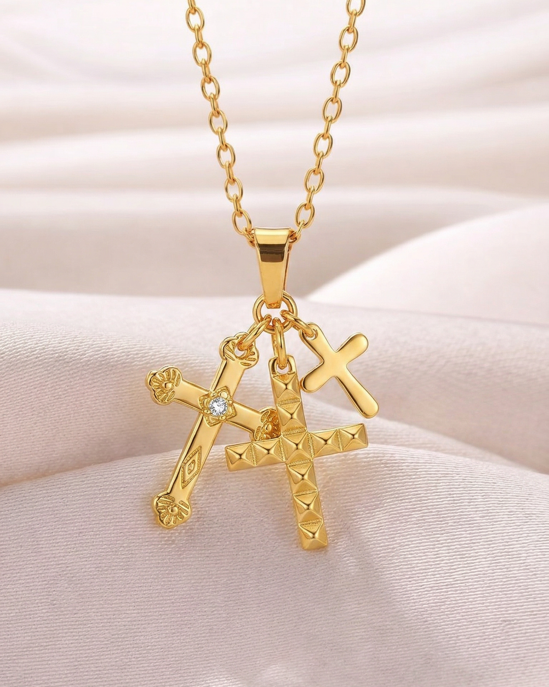 Necklace with Three Cross-Shaped Pendants (Gold Plated)