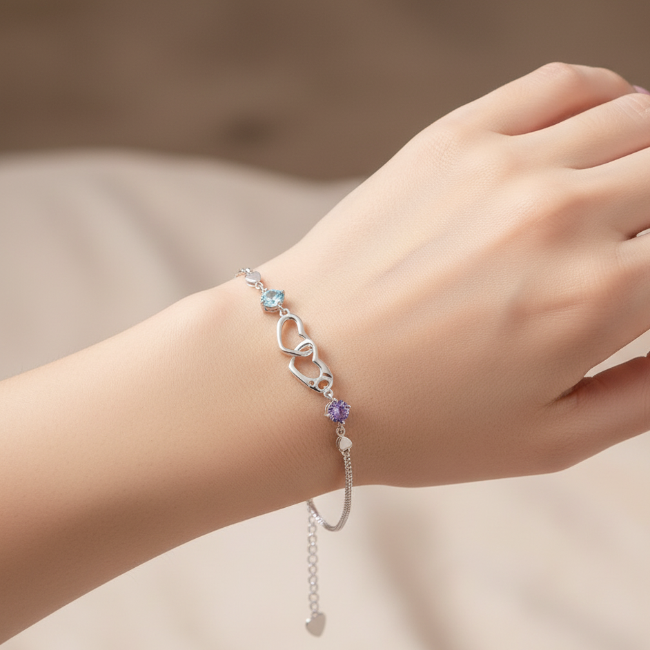 Mother And Daughter Birthstone Custom Double Heart Bracelet