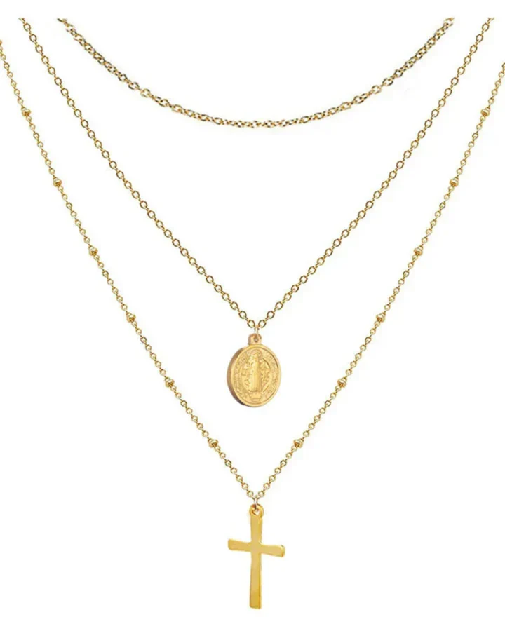 Double Necklace with Medal of the Virgin Mary and Cross (Gold Plated)