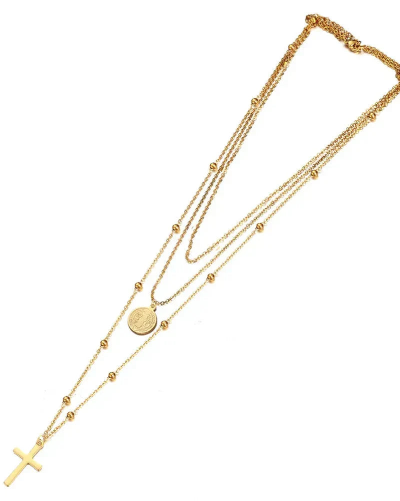 Double Necklace with Medal of the Virgin Mary and Cross (Gold Plated)