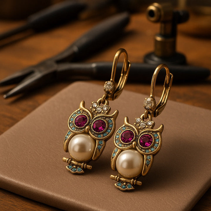 Vintage Owl Crystal Earrings â€“ Gold-Plated, Hand-Set Crystals & Pearl Detail