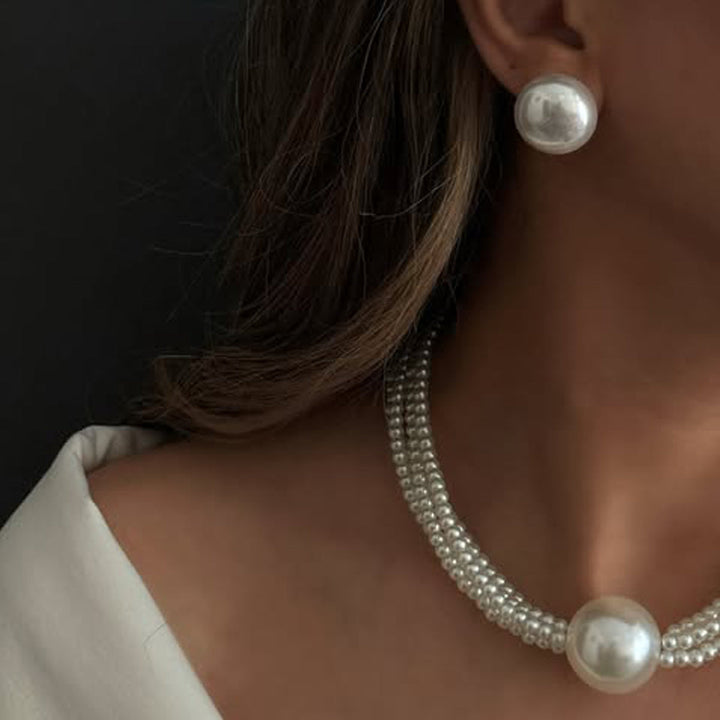 3pc Retro Pearl Layered Necklace & Earring Set
