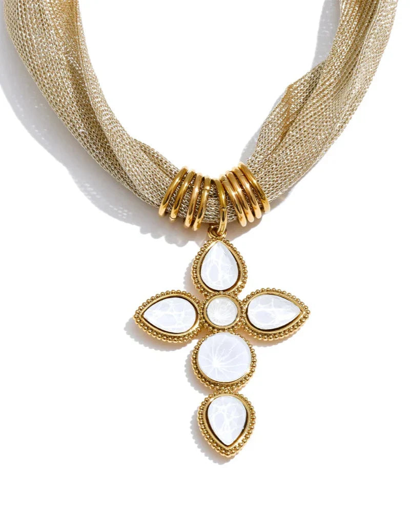 Golden Scarf Style Necklace with Stone Cross (Gold Plated)