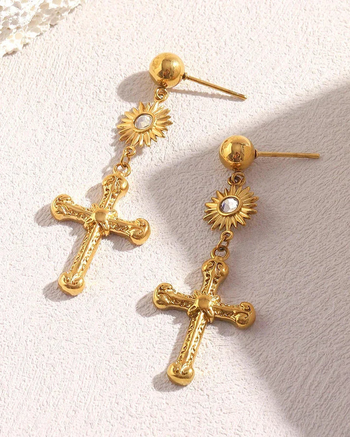 Cross Earring with Sun (Gold Plated)