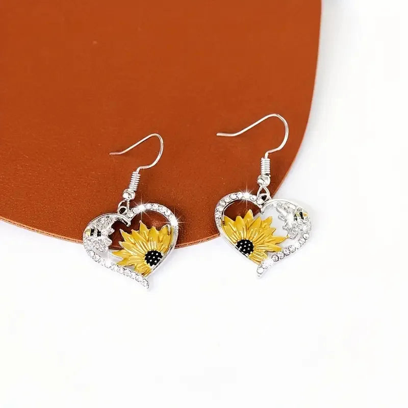 Vintage Boho Sunflower & Bee Heart Dangle Earrings