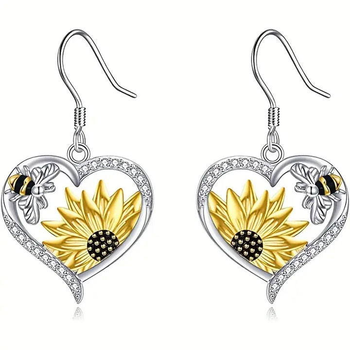 Vintage Boho Sunflower & Bee Heart Dangle Earrings