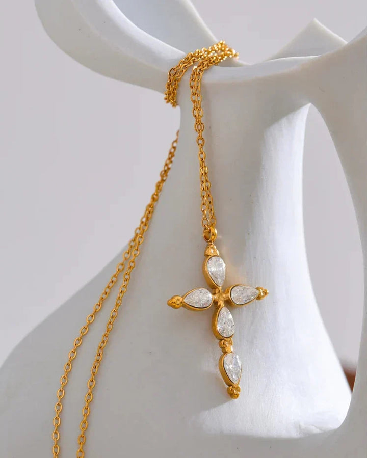 Classic Cross Necklace with Drop Crystals (18K Gold Plated)